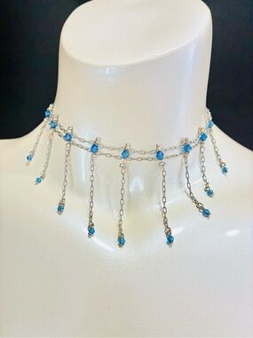Delicate Silver Chain Choker with Blue Austrian Crystal Drops